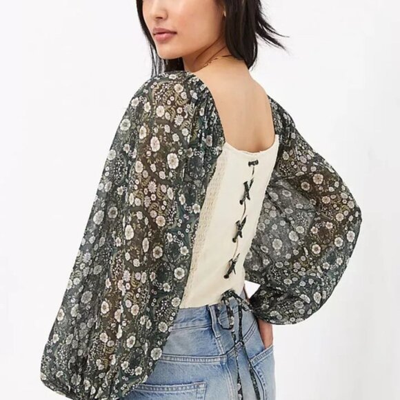 Anthropologie Forever that Girl Cream and Black Ruched Puff Sleeve Blouse - Picture 2 of 5